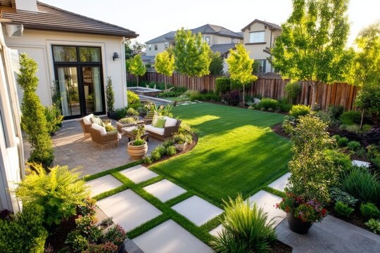 Aerial View of a Beautiful Suburban Backyard with Geometric Lawn Design and Lush Gardens