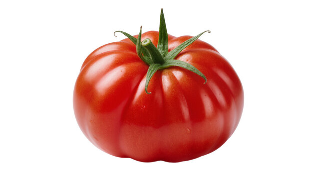 Ripe red tomato with green stem and leaves