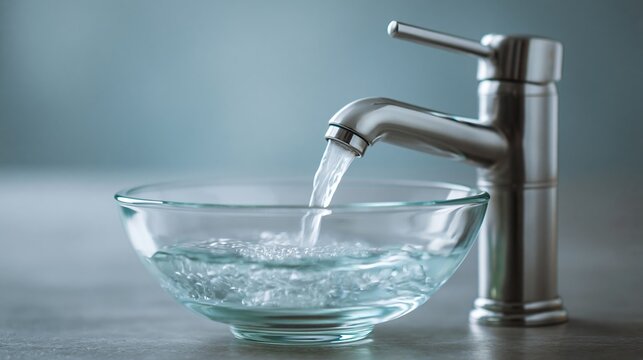 Modern chrome faucet pouring water into a clear glass bowl on a smooth countertop with a soft-focus background creating a serene kitchen atmosphere