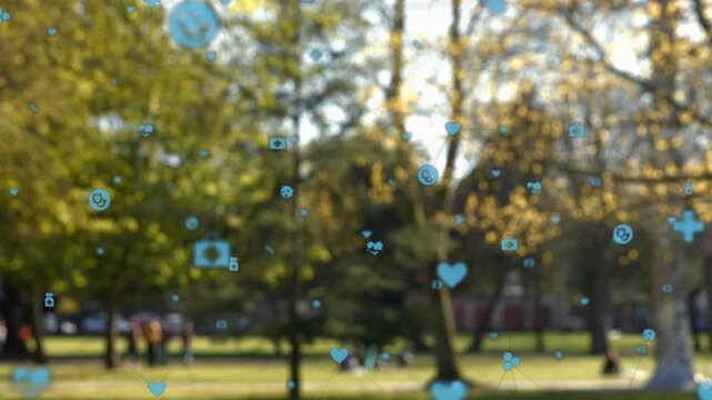 Blue translucent icon overlay appearing, drifting across sunlit park, showing digital engagement