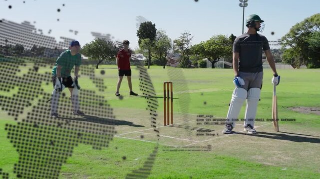 Batsman adjusting grip swinging on delivery to score in cricket globe overlay obscuring keeper