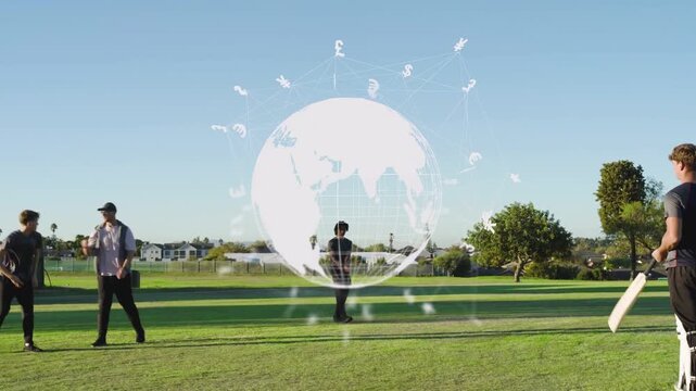 Team moving 3D globe overlaying mid obscuring team, batter swinging on pal picking ball for sports