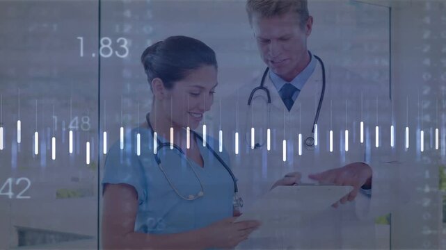 Nurse scanning file and doctor pointing, overlaying live bars and numeric data for medical care