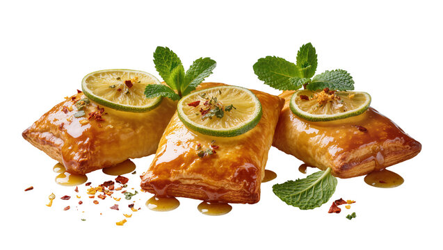 Glazed puff pastry with lime slices mint sprigs, and chili flakes