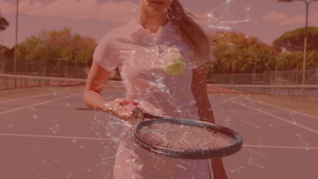 Adult female tennis player balancing ball on racket, ball descending to hit strings, keeping bounce