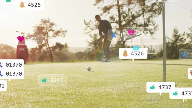 Male golfer lining up and putting, putter contacting ball, overlays growing, showing live feedback