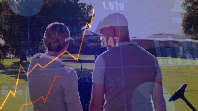 Data overlay appearing, golfer couple walking to cart, charts showing golf stats for swing review