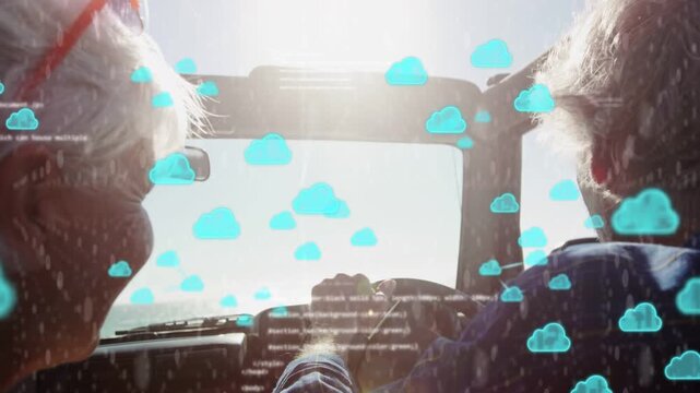 Sun glare causing cyan clouds obscuring glass as couple steering to ocean glancing overlay clearing