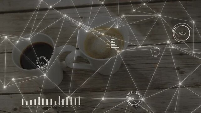 Two coffee cups resting wood table as frames advancing tech overlaying them for data charts pulsing