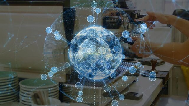 Hands touching espresso machine starting holo globe and nodes forming, adjusting lever showing brew