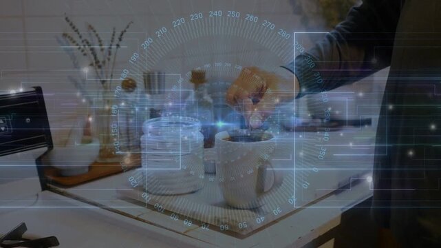 Man entering frame reaching for jar, dipping spoon and stirring mug, tech HUD guiding prep