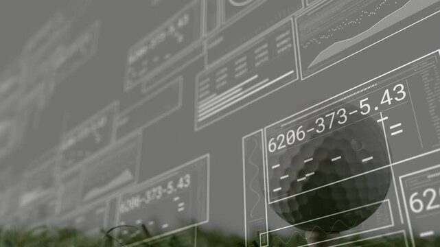 Camera shifting forward and panels sliding, revealing golf ball on tee displaying shot analytics