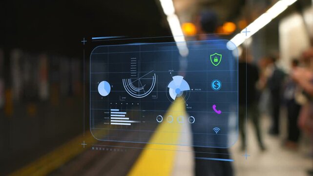 Rider tapping phone on platform, HUD animating charts and gauges for transit info over yellow strip