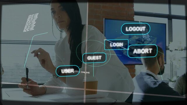 Woman leaning over desk writing while using phone starting tech HUD cycling USER-RETRY for session