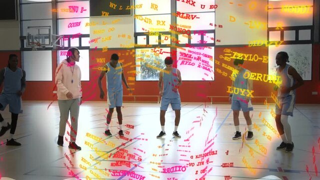 Coach stepping forward, leading basketball team warming up for practice on gym, overlay sweeping