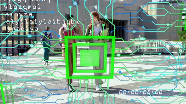 Two women walking on campus, animated square appearing and cycling, showing edtech circuit overlay