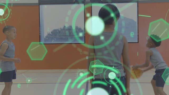 Left boy passing basketball, boys pivoting receiving dribbling for school with HUD overlaying