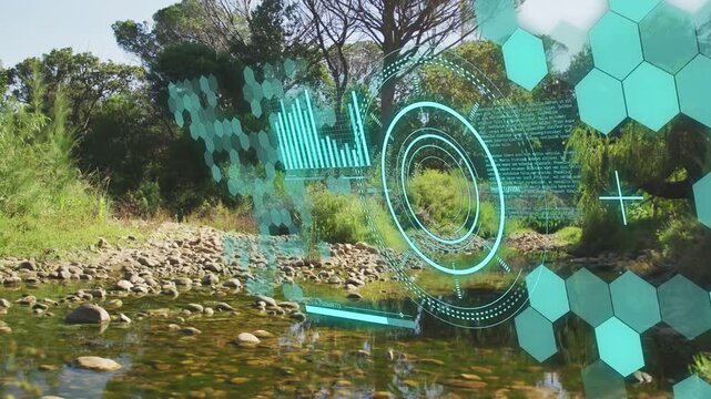 Sunlit creek reflecting, teal HUD activating on load and mapping flow for environmental monitoring