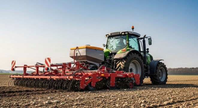 Green tractor with cultivator preparing a dry soil field for planting under a clear sky