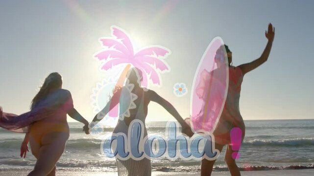 Three women holding hands running into surf, prompted by sunset, with aloha overlay for travel