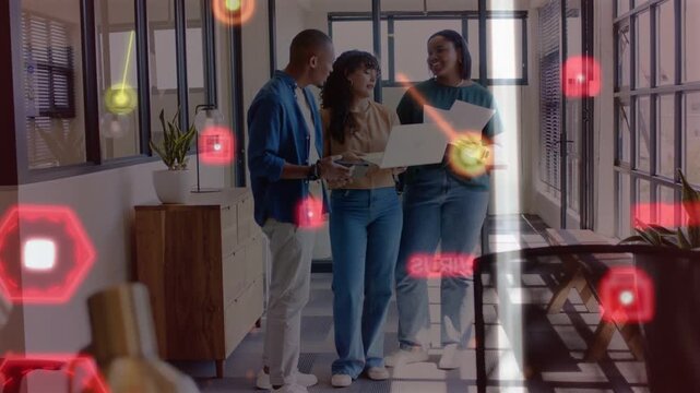 Right peer opening folder and pointing, trio walking office hall, reviewing docs, HUD obscuring