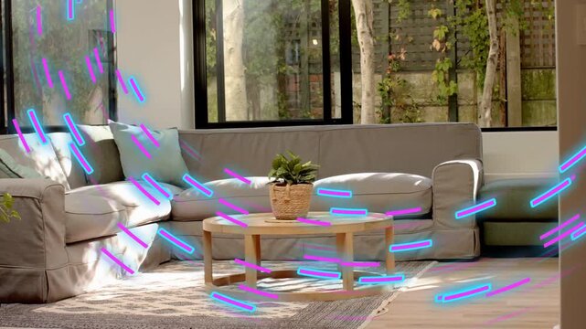 Playback starting, seating static, magenta-cyan streaks sweeping across sofa, table for design