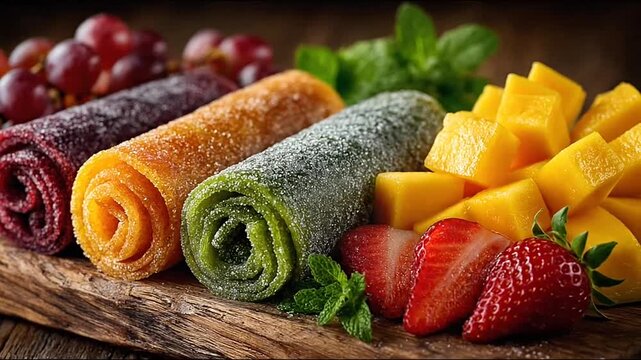 Colorful fruit leather rolls with fresh grapes and mango