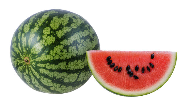 Whole Green Striped Watermelon Beside Sliced Red Flesh with Seeds