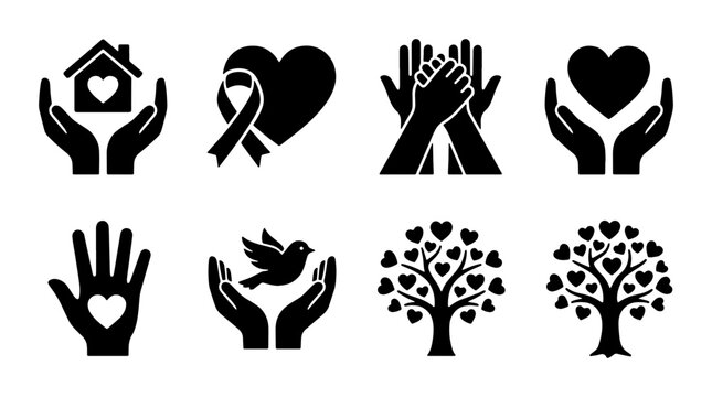 Charity and donation icon set, 8 black vector symbols for non-profit organizations, volunteer community and social support graphics