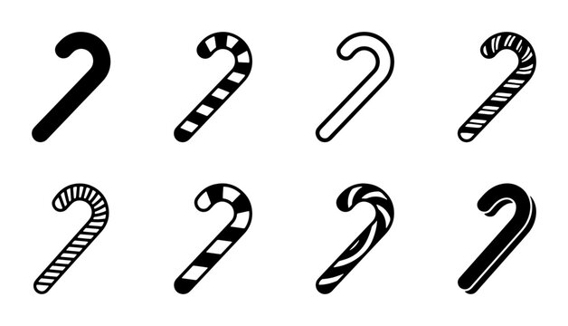 Christmas candy cane icon set, black and white holiday sweets vector collection, minimalist peppermint stick illustrations for winter seasonal branding