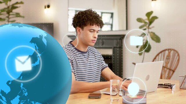Remote worker typing laptop, globe appearing and HUD icons animating around him showing messages