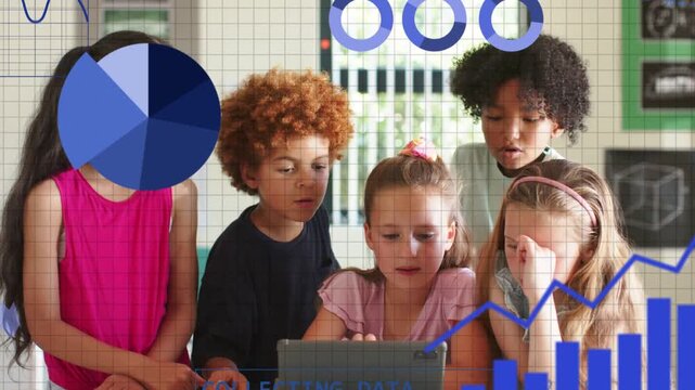 Students tapping tablet for education, causing animated bar, pie, line graphs and ANALYSING DATA