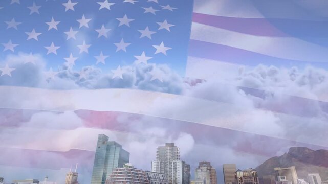 Flag overlay appearing and waving while cloud layer shifting over fixed skyline for marketing