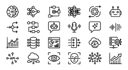 Fototapeta premium Artificial Intelligence Icon Set - AI, Machine Learning, Data, Automation Line Icons