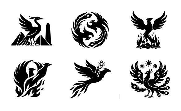 Mythical phoenix bird silhouette icons, set of 6 firebird vector illustrations, black tribal phoenix logos for branding and tattoo design
