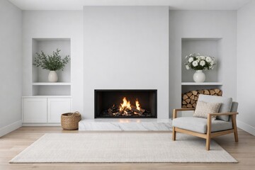 Naklejka premium Modern livingroom with cozy fireplace and minimal interior decor. Ai generative