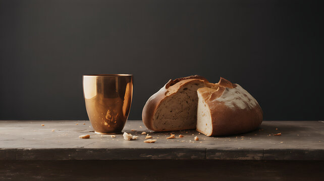 A rustic loaf of bread and a shiny copper cup on a worn wooden table with crumbs scattered around