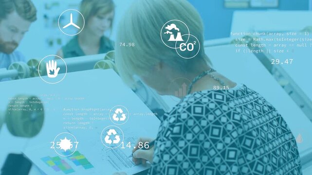Designer marking sheet, causing HUD icons and values, camera pulling out showing team during review