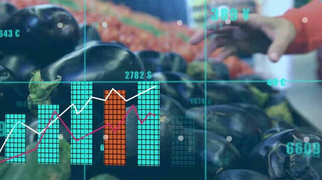 Shopper hand inspecting eggplant at market, starting teal grid, price tags, bar charts rising trend
