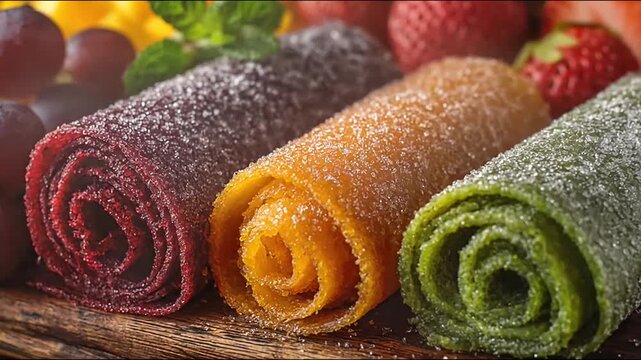 Colorful fruit leather rolls with sugar on wooden board