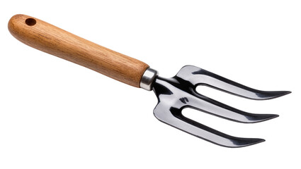 Fototapeta premium Silver three-tined hand garden cultivator with wooden handle