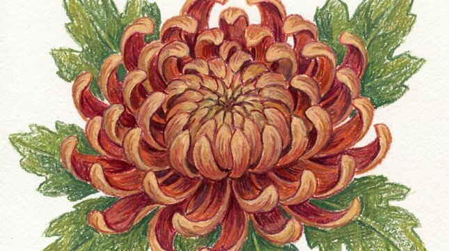 Hand-drawn botanical illustration of a blooming red chrysanthemum with green leaves on white paper, a concept of floral beauty and autumn nature for greeting card design