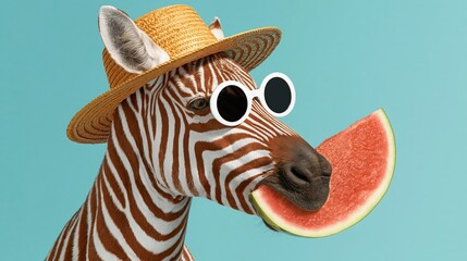 Obraz premium Zebra wearing sunglasses and straw hat holds a slice of watermelon in its mouth against a light blue background, creating a playful and whimsical scene