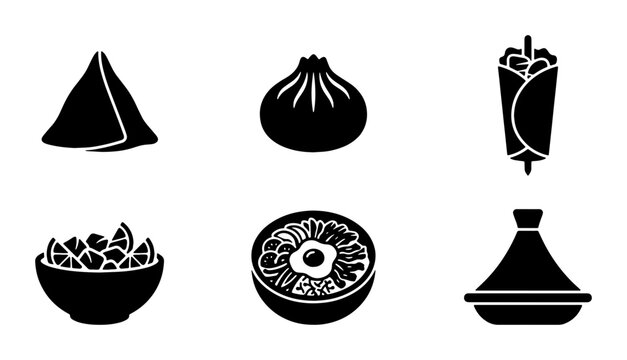Global street food icon set, black silhouette ethnic cuisine symbols, 6 vector elements including samosa, dumpling, kebab, and tagine for restaurant menus