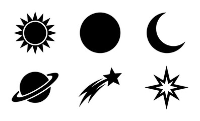 Celestial space icons set, black minimalist sun and moon silhouettes, 6 vector astronomy symbols including Saturn planet and shooting star © Sharmin