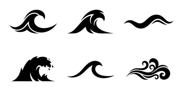 Stylized ocean wave icons set, black sea surf silhouettes, 6 vector water splash elements, minimalist nautical wave symbols for logo design