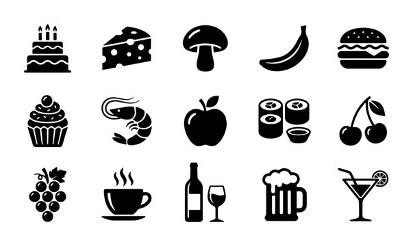 Minimalist food and drink icons set, 15 black solid vector symbols of restaurant menu items, flat grocery and beverage illustrations for web design