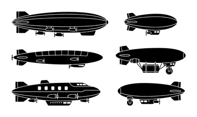 Vintage blimp silhouette collection, 6 airship vector icons, retro dirigible and zeppelin transport set, black aviation balloon graphics for logo design © Mamunur