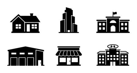 Naklejka premium Minimalist building icons set, black silhouette architecture symbols, 6 vector elements including house skyscraper and store for real estate maps