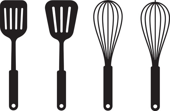 Black and white of two slotted spatulas and two whisks kitchen utensil cooking tool